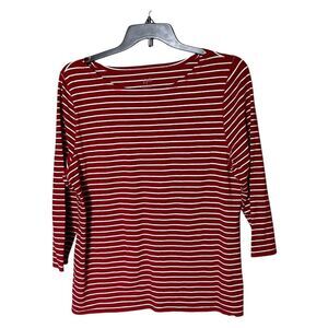 J. Jill Boat Neck Striped Tee with 3/4 Sleeves in Red & White Stripes Size XL